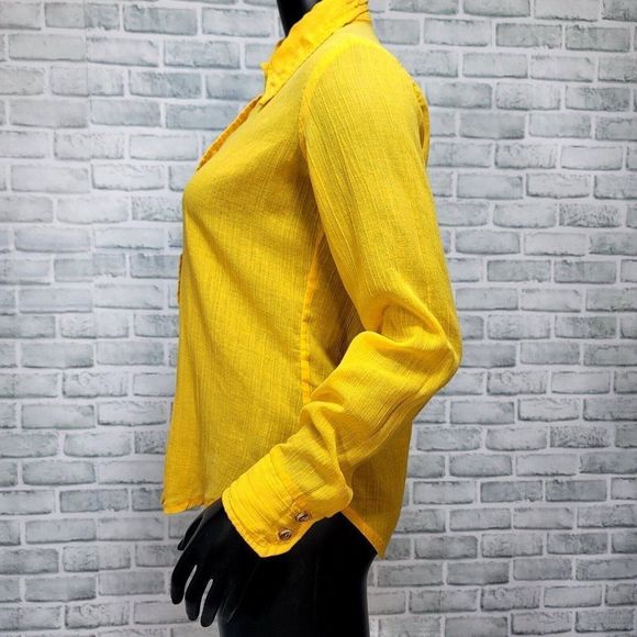 Vintage 70s Campus Casuals of Calif S Yellow Sheer Gauze Knit L/S Button Up Top - Picture 4 of 7